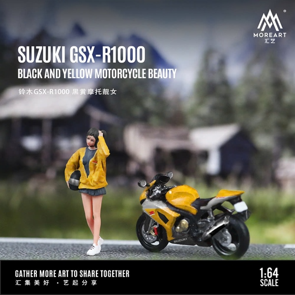 Mô hình nhân vật và mô tô Suzuki GSX-R1000 Black and Yellow Motorcycle Pretty tỉ lệ 1:64 modernart More art MO222113