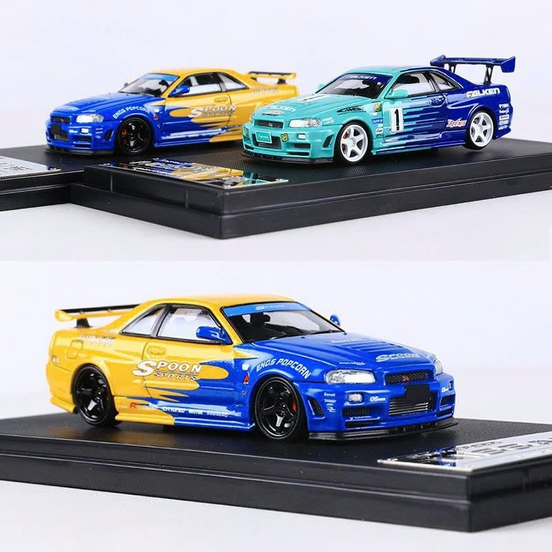 Mô hình xe Nissan Skyline GTR R34 Spoon/Falken painted có hộp mica tỉ lệ 1:64 Fast Speed FS-R34-6