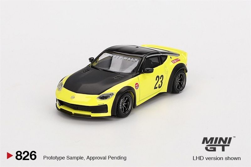Mô hình xe Nissan Z LB★NATION WORKS Ikazuchi Yellow BẢN card tỉ lệ 1:64 MiniGT MGT00826-BL