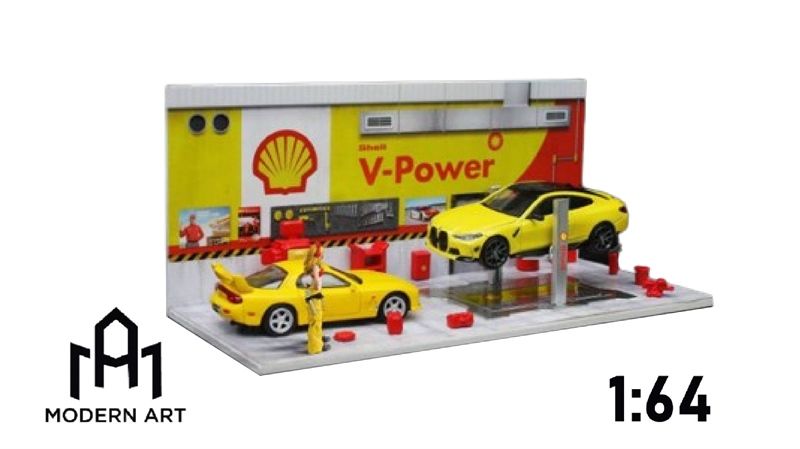Hộp trưng bày mica xưởng sửa chữa ô tô có bàn nâng , có fig Shell V-Power tỉ lệ 1:64 MO641072