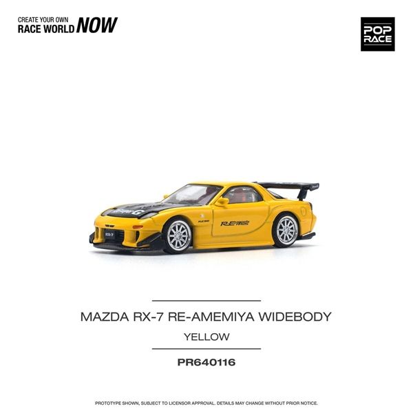 Mô hình xe Mazda RX-7 FD3S RE-AMEMIYA Widebody Yellow tỉ lệ 1:64 Poprace PR640116