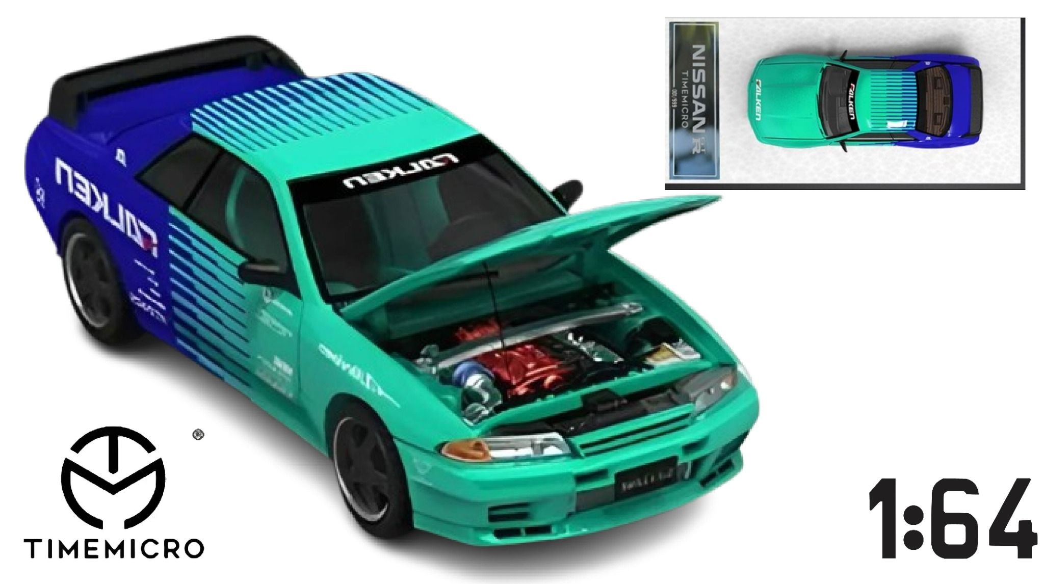 Mô hình xe Nissan GTR R32 racing Falken blue/mint mở được capo tỉ lệ 1:64 Time micro TM644119