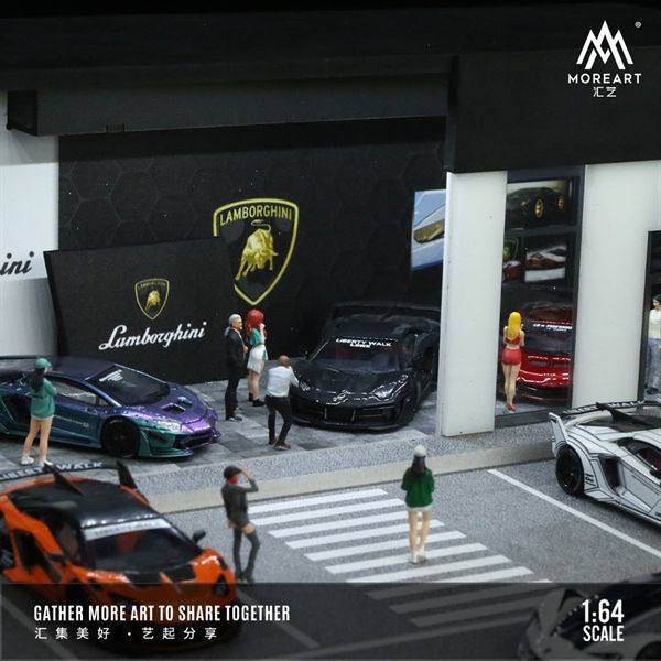 Hộp trưng bày mô phỏng showroom - văn phòng - bãi đỗ xe Lamborghini có đèn - mica tỉ lệ 1:64 MoreArt MO936009