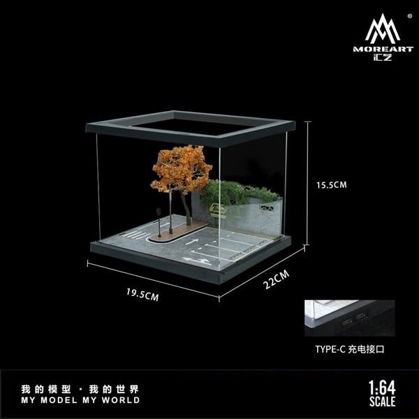 Hộp trưng bày mô phỏng bãi giữ xe có phụ kiện + đèn đường + có mica tỉ lệ 1:64 More Art MO960203