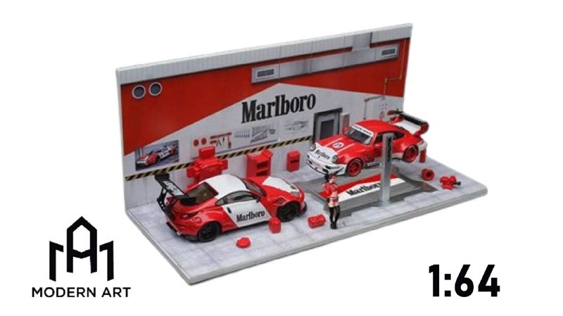 Hộp trưng bày mica xưởng sửa chữa ô tô có bàn nâng , có fig Malboro tỉ lệ 1:64 MO641073