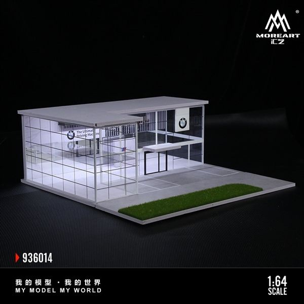 Hộp trưng bày mô phỏng showroom BMW the ultimate driving machine có đèn - bãi đỗ xe sân trước tỉ lệ 1:64 MoreArt MO936014