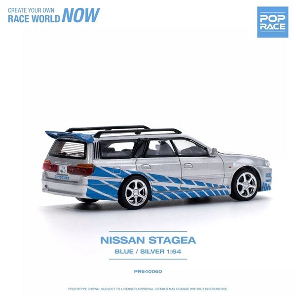 Mô hình xe Nissan Skyline GTR R34 Stagea Blue/silver mở capo tỉ lệ 1:64 Poprace PR640060