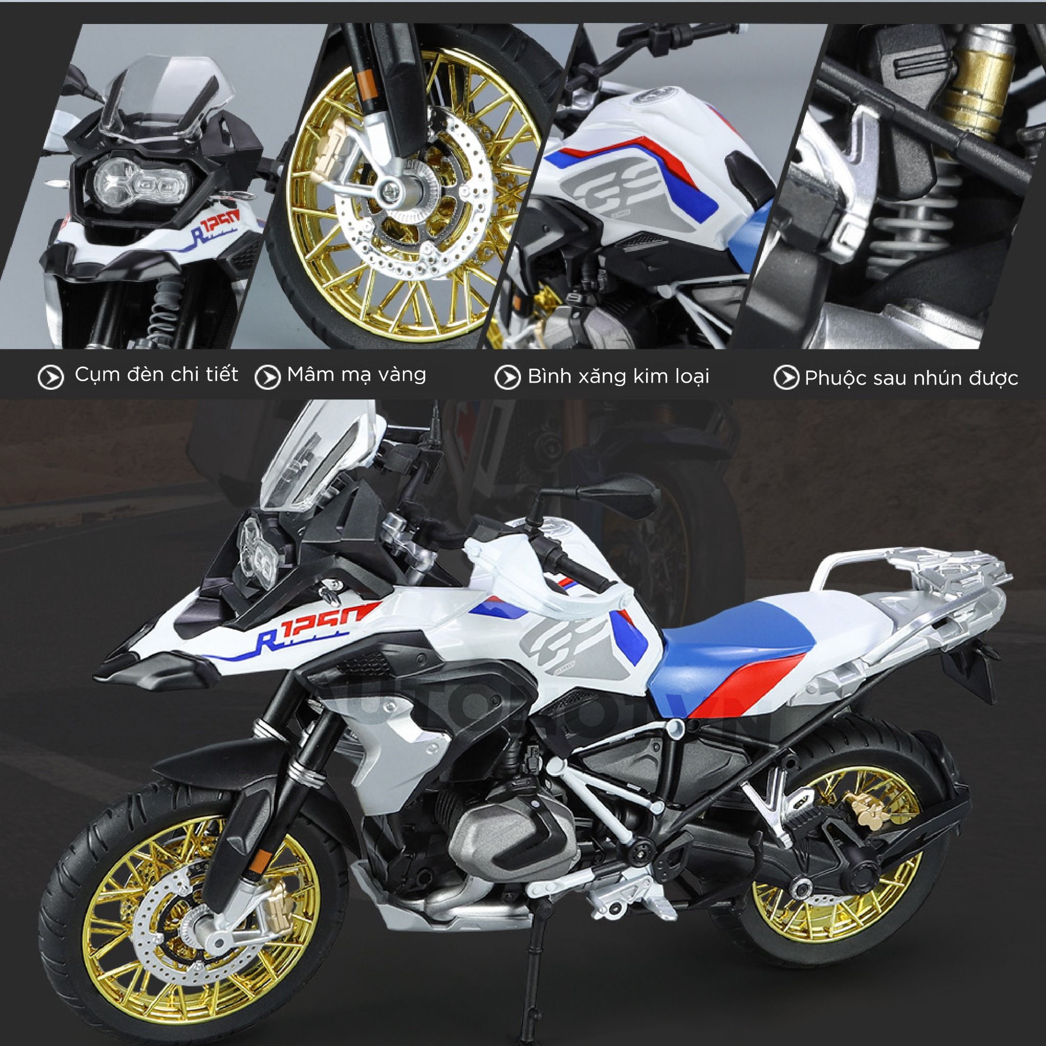 Mô hình xe BMW R 1250 GS ADV hộp quà tặng có nam châm tỉ lệ 1:9 Huayi Alloy MT085