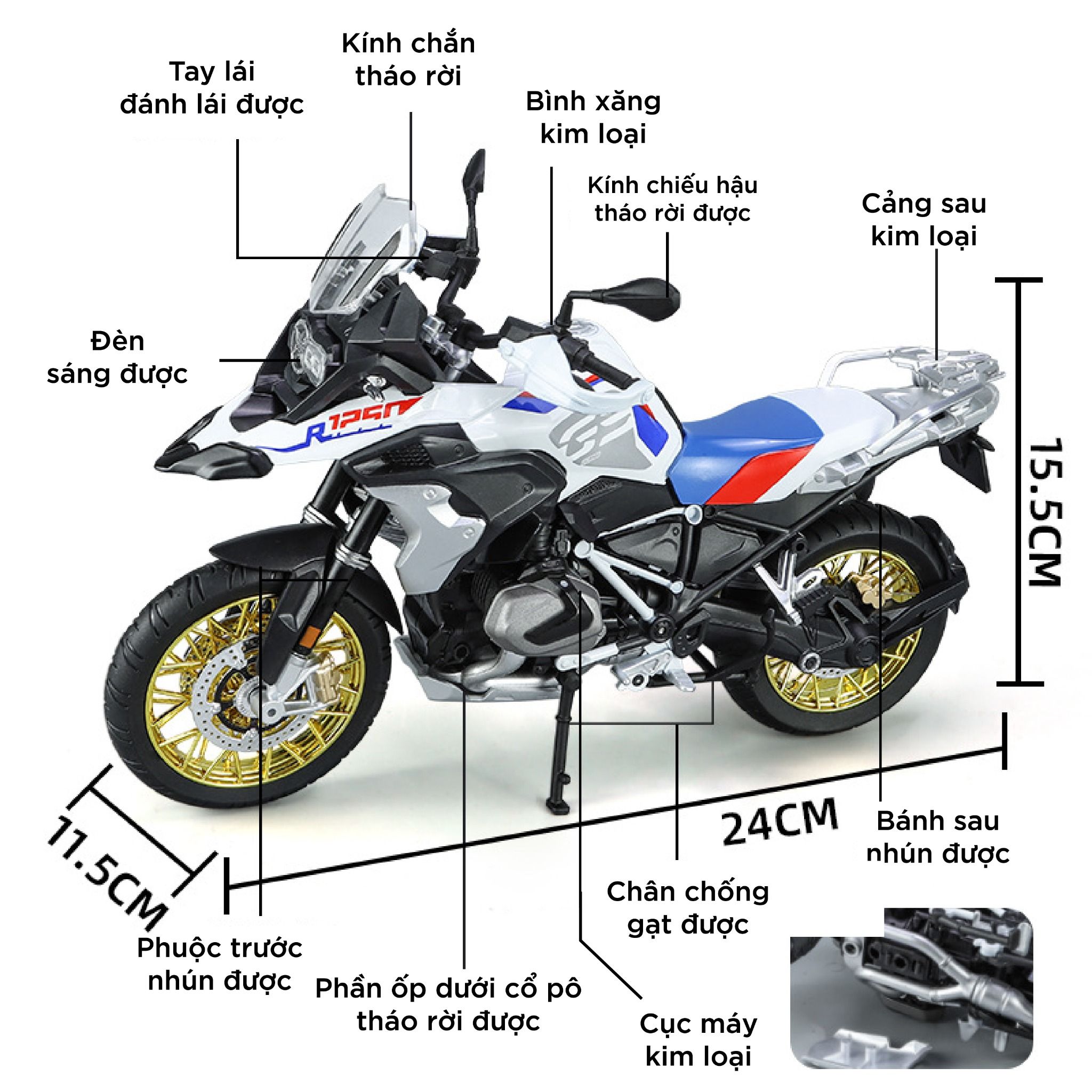 Mô hình moto BMW R 1250 GS ADV tỉ lệ 1:9 Huayi Alloy MT069