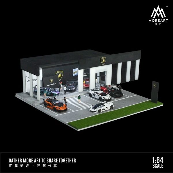 Hộp trưng bày mô phỏng showroom - văn phòng - bãi đỗ xe Lamborghini có đèn - mica tỉ lệ 1:64 MoreArt MO936009