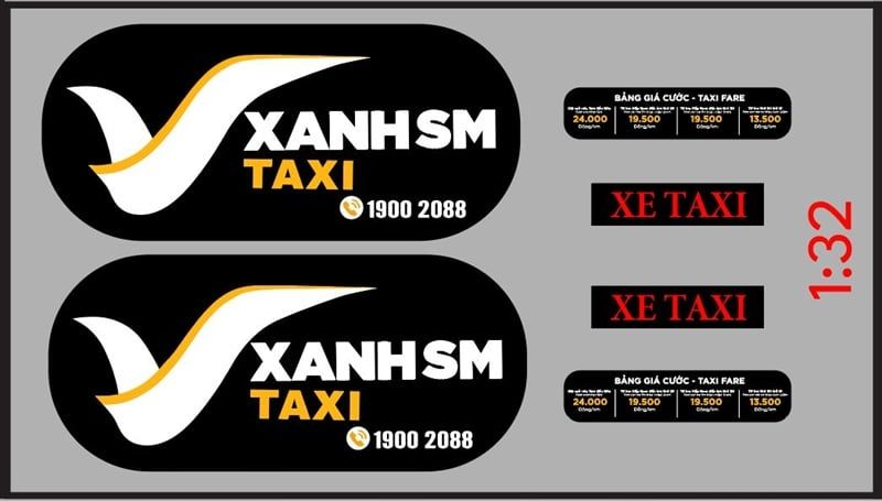 Decal UV độ xe dịch vụ - thương mại Xanh SM taxi cho xe trắng tỉ lệ 1:32 có keo sẵn lột dán DC825