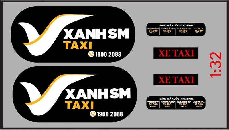 Decal UV độ xe dịch vụ - thương mại Xanh SM taxi cho xe trắng tỉ lệ 1:32 có keo sẵn lột dán DC825