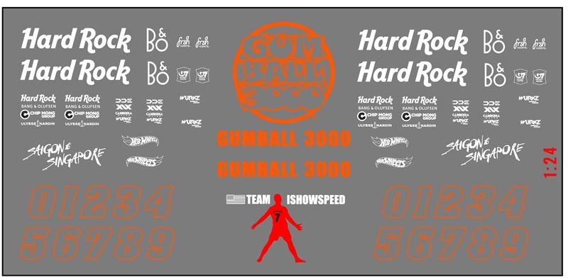 Decal UV sự kiện Gumball 3000 cho mô hình ô tô tỉ lệ 1:24 dán tất cả nền màu Autono1 DC830
