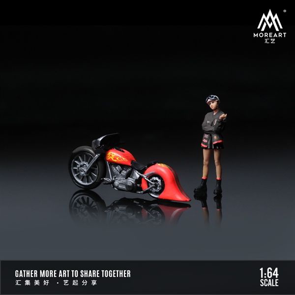 Mô hình xe và nhân vật figure Harley Red Flame Retro Motorcycle Girl tỉ lệ 1:64 MoreArt MO222100
