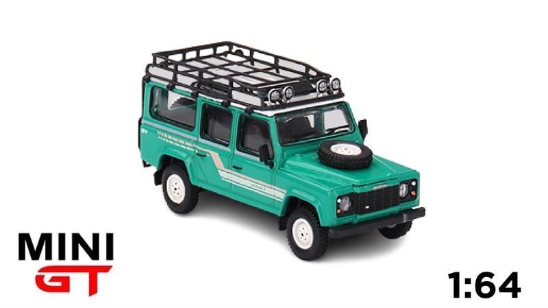 Mô hình xe Land Rover Defender 110 1985 County Station Wagon Trident Green tỉ lệ 1:64 MiniGT