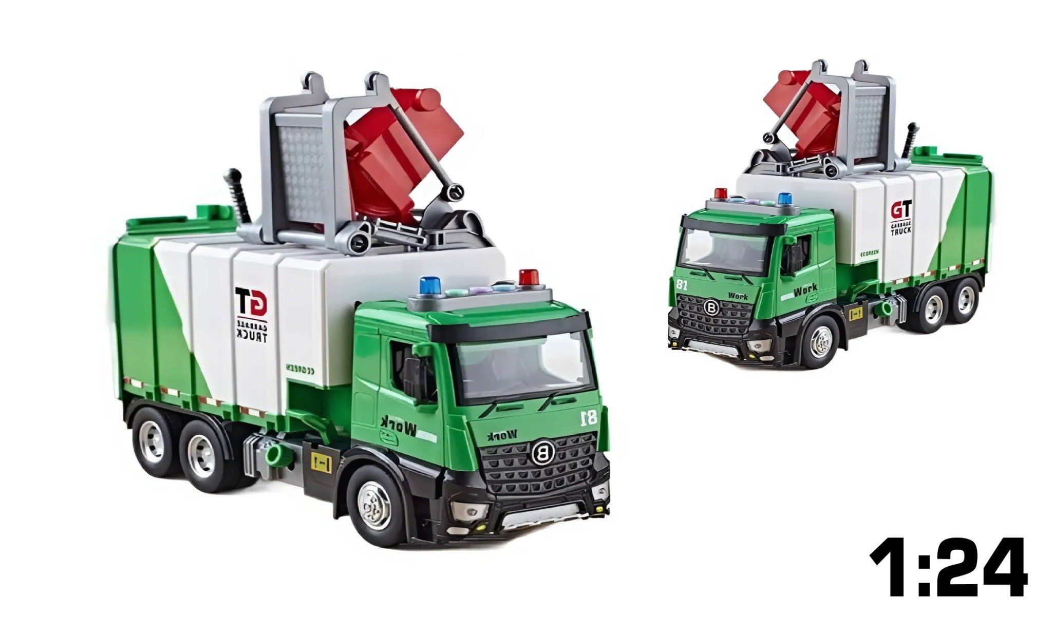 Mô hình xe chở rác chuyên dụng bảo vệ môi trường có thùng rác mini đi kèm tỉ lệ 1:24 Metal DieCast OT24074