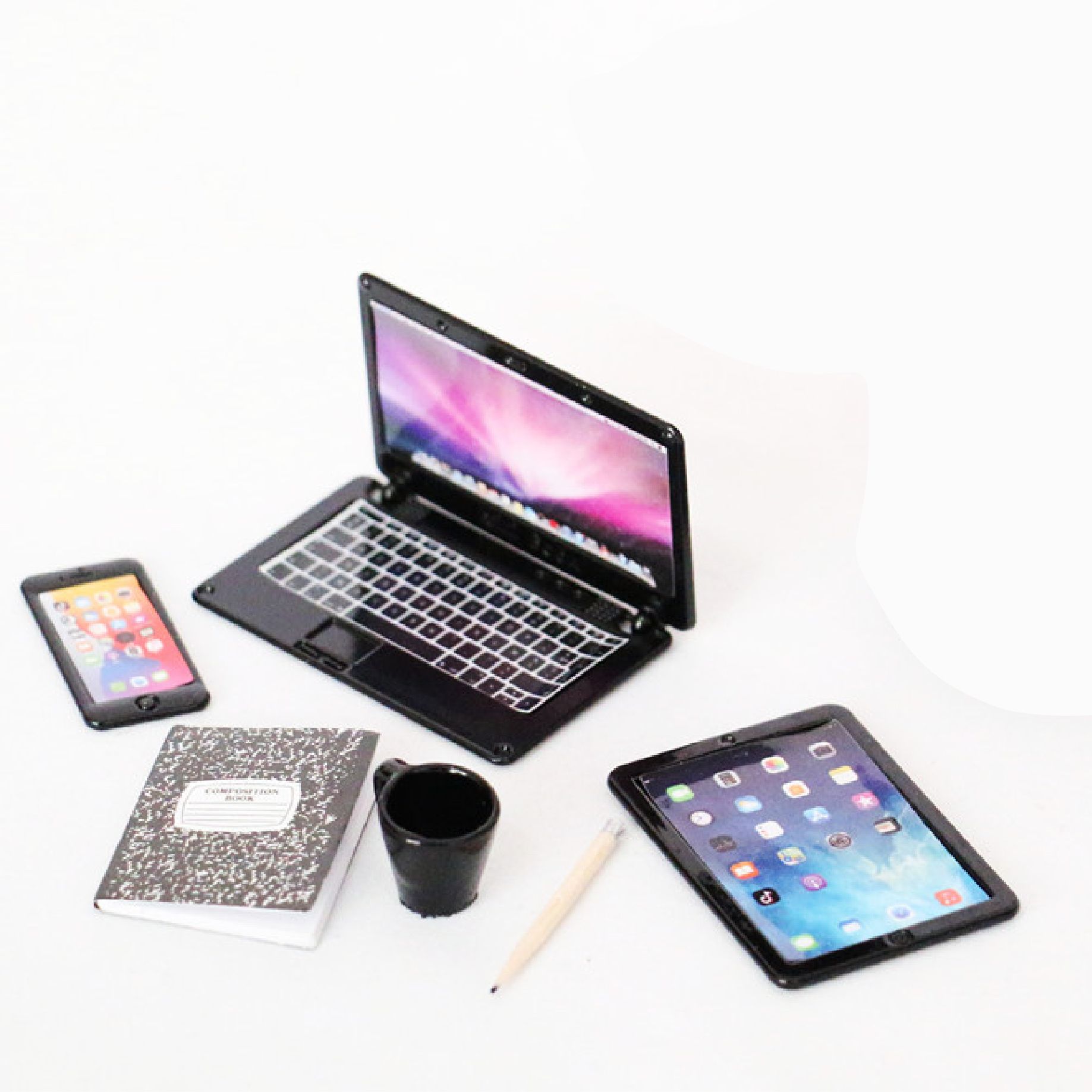 Phụ kiện Decor Mô hình, Laptop, máy tính bảng, điện thoại, số, bút viết và tách trà DE061