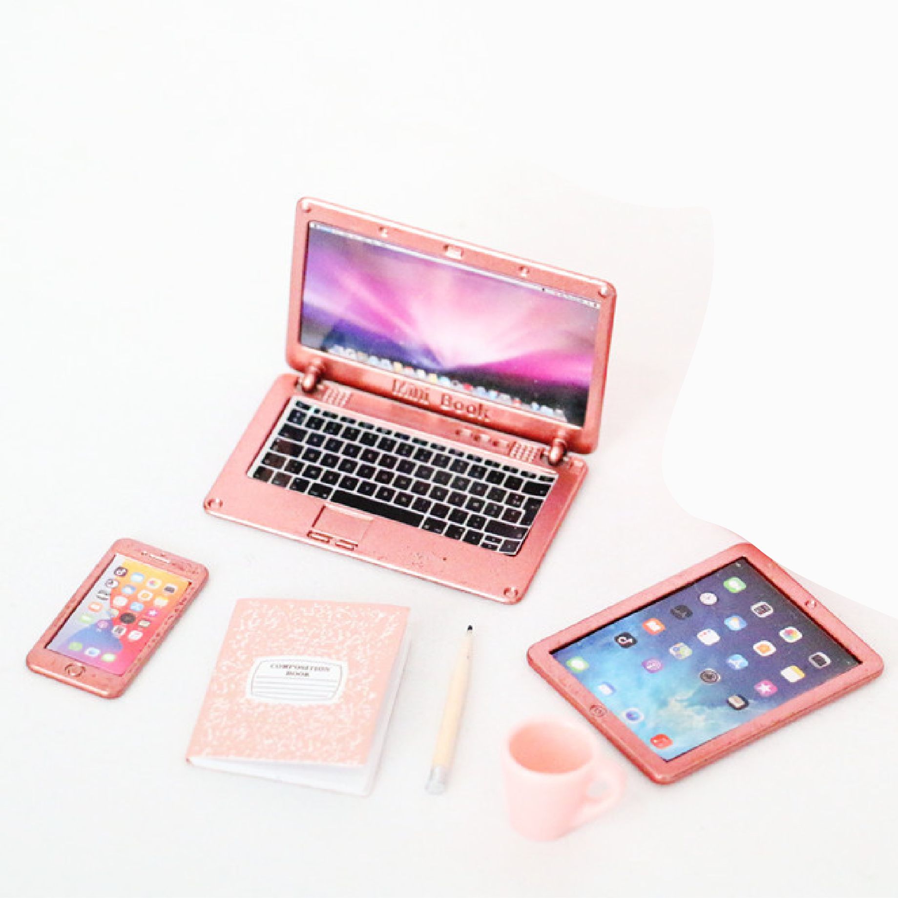 Phụ kiện Decor Mô hình, Laptop, máy tính bảng, điện thoại, số, bút viết và tách trà DE061
