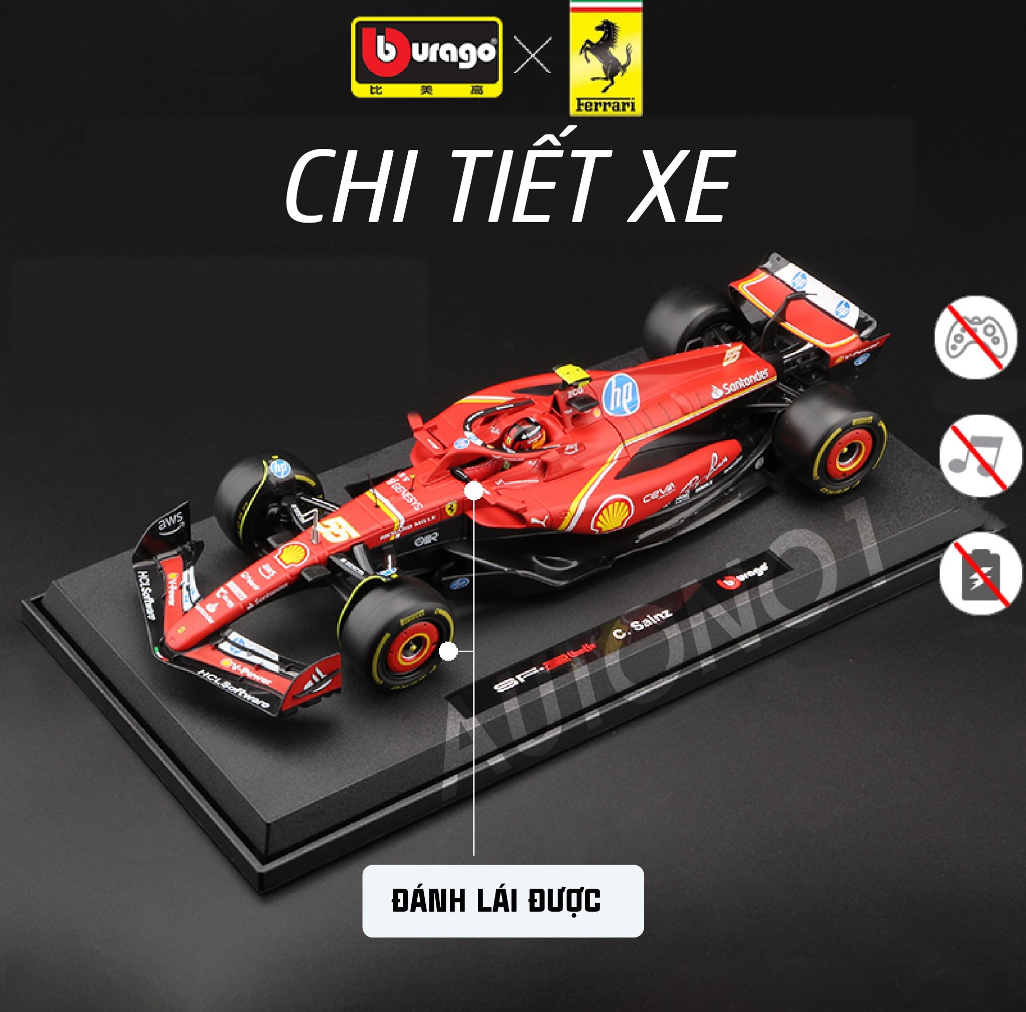 Mô hình xe đua F1 Ferrari Formular SF-24 có đế + figure tỉ lệ 1:18 Bburago 18-16815 OT18003