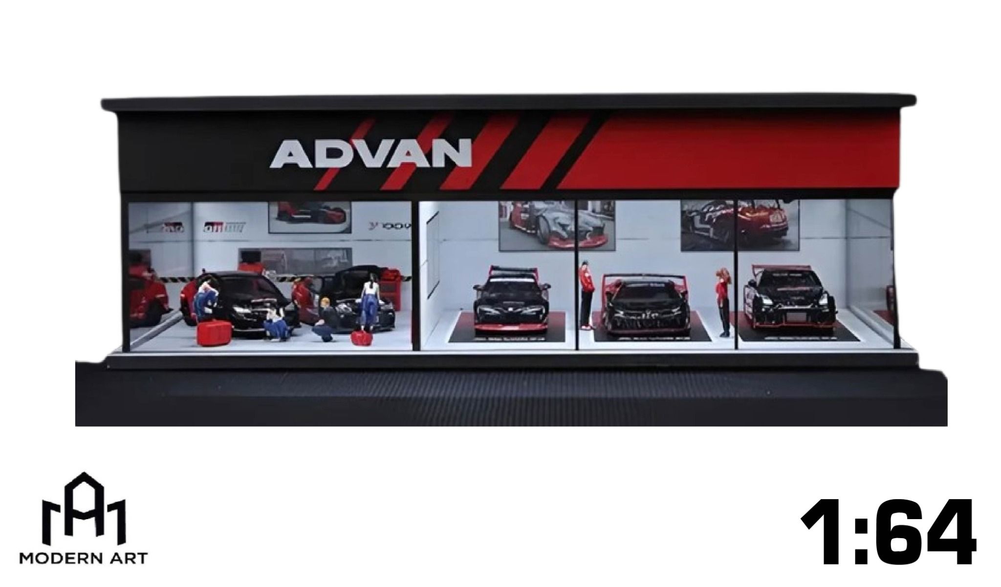 Hộp trưng bày mô phỏng Garage ADVAN có đèn - mica bảo vệ tỉ lệ 1:64 MoreArt MO914508