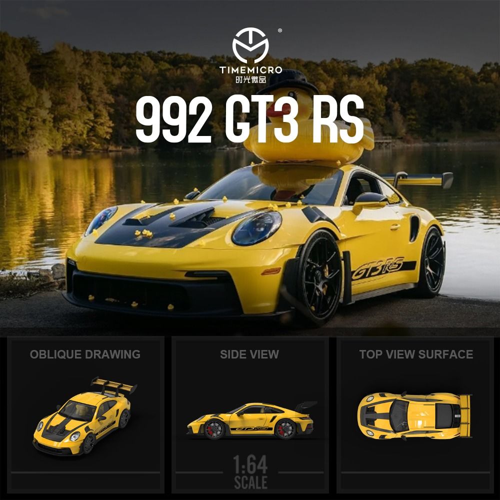 Mô hình xe Porsche 992 GT3 RS yellow paint có phụ kiện đi kèm trên nóc tỉ lệ 1:64 Time micro TM644633