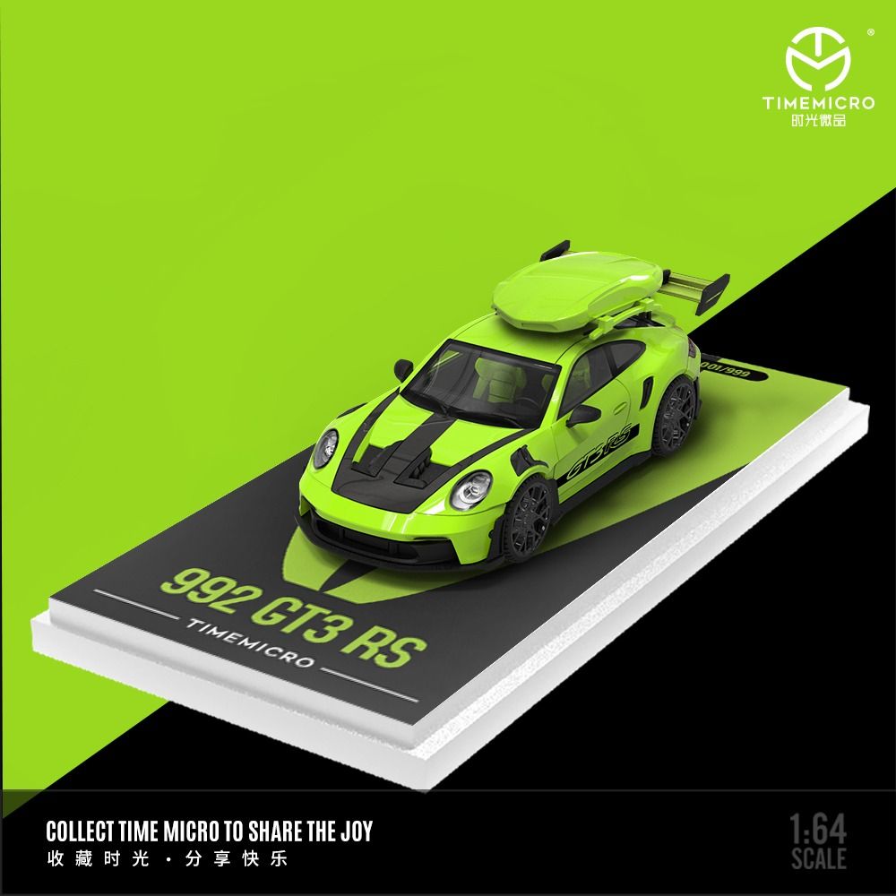 Mô hình xe Porsche 992 GT3 RS green paint có phụ kiện đi kèm trên nóc tỉ lệ 1:64 Time micro TM644632