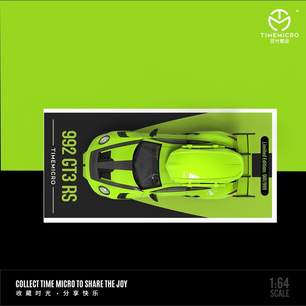 Mô hình xe Porsche 992 GT3 RS green paint có phụ kiện đi kèm trên nóc tỉ lệ 1:64 Time micro TM644632