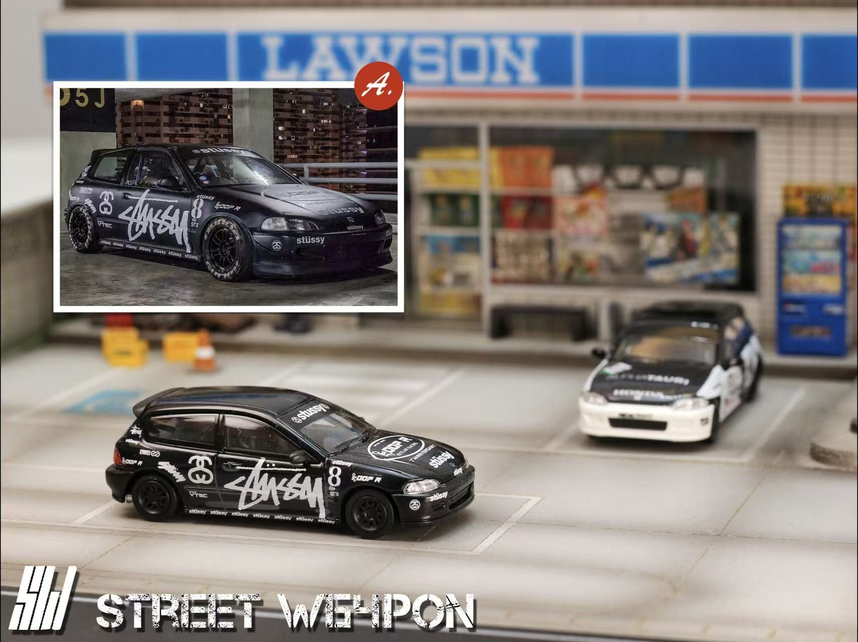 Mô hình xe Honda Civic EG6 Redbull Alpha Tauri #22 - Stussy #8 black limited edition 499pcs tỉ lệ 1:64 Street Weapon OT64120