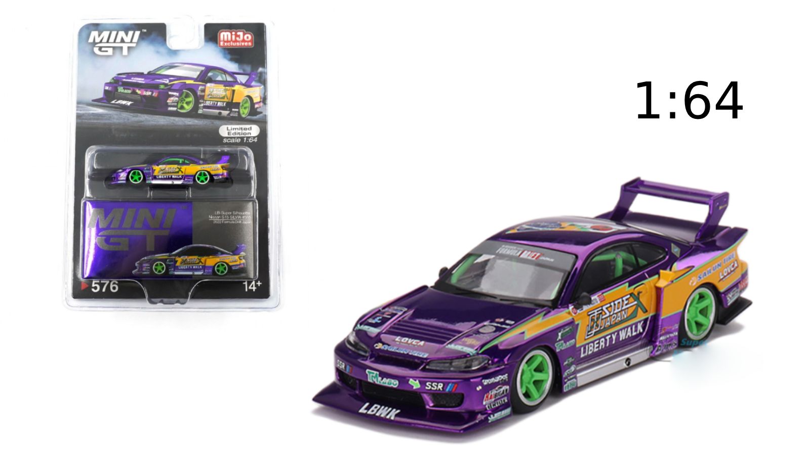 Mô hình xe ô tô Nissan S15 SILVIA #555 2022 Formula Drift Japan LB-Super Silhouette bản card tỉ lệ 1:64 MiniGT MGT00576-MJ