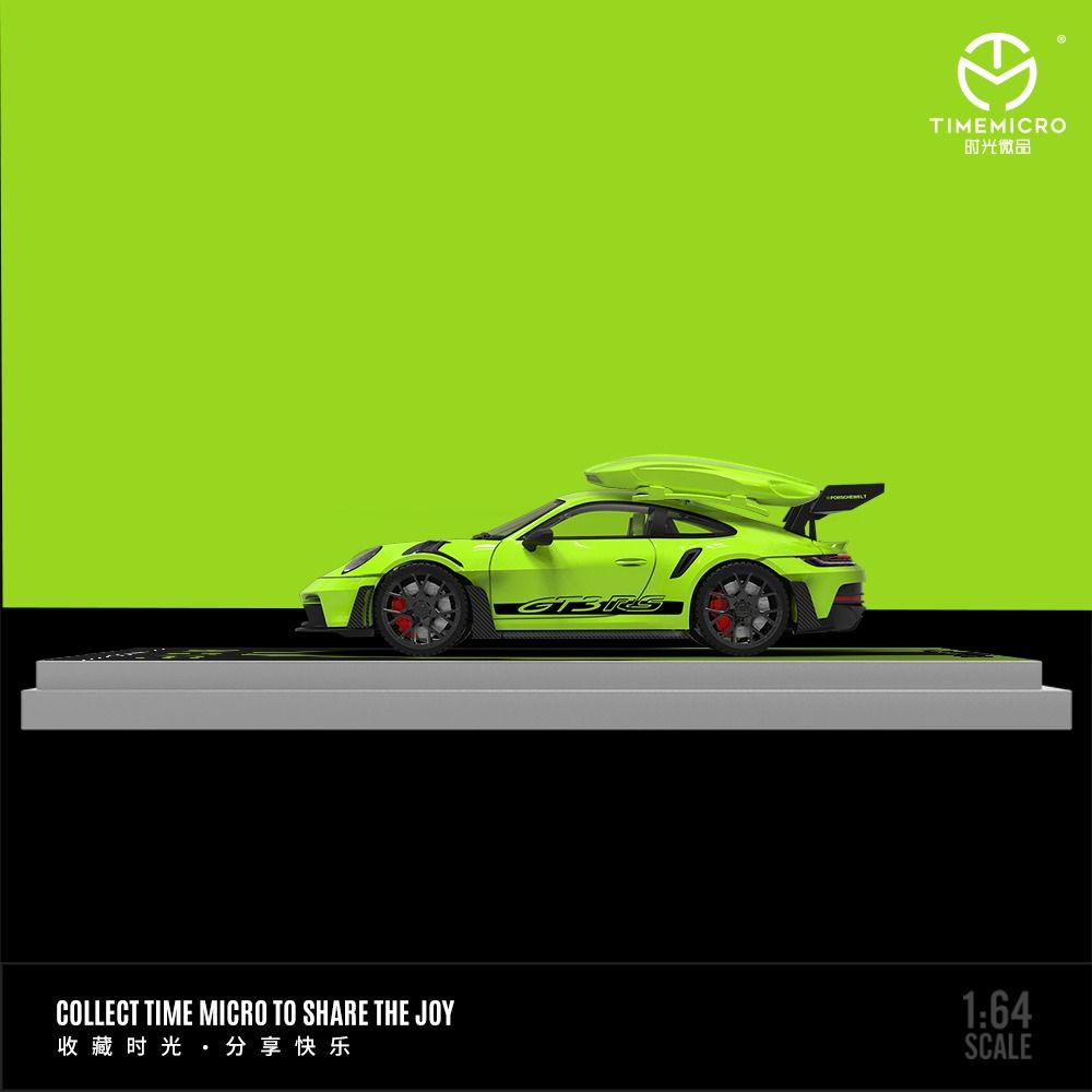 Mô hình xe Porsche 992 GT3 RS green paint có phụ kiện đi kèm trên nóc tỉ lệ 1:64 Time micro TM644632