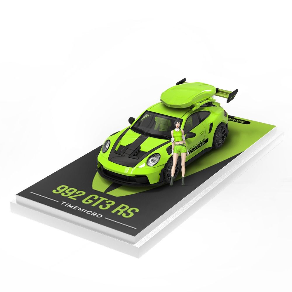 Mô hình xe Porsche 992 GT3 RS green paint có phụ kiện đi kèm trên nóc tỉ lệ 1:64 Time micro TM644632