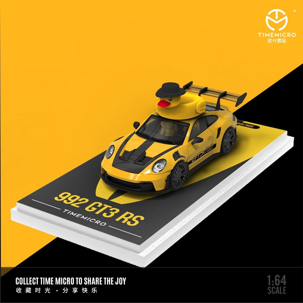Mô hình xe Porsche 992 GT3 RS yellow paint có phụ kiện đi kèm trên nóc tỉ lệ 1:64 Time micro TM644633