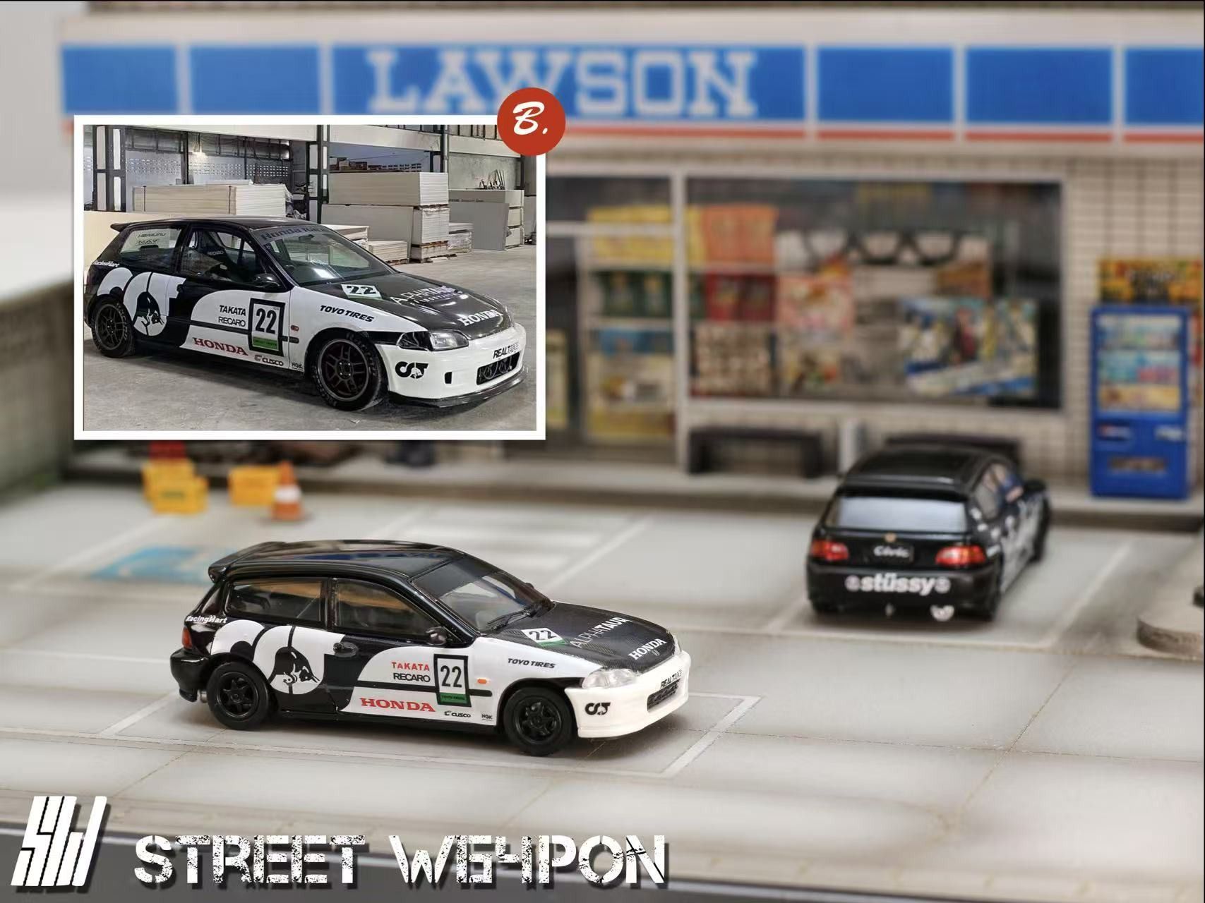 Mô hình xe Honda Civic EG6 Redbull Alpha Tauri #22 - Stussy #8 black limited edition 499pcs tỉ lệ 1:64 Street Weapon OT64120
