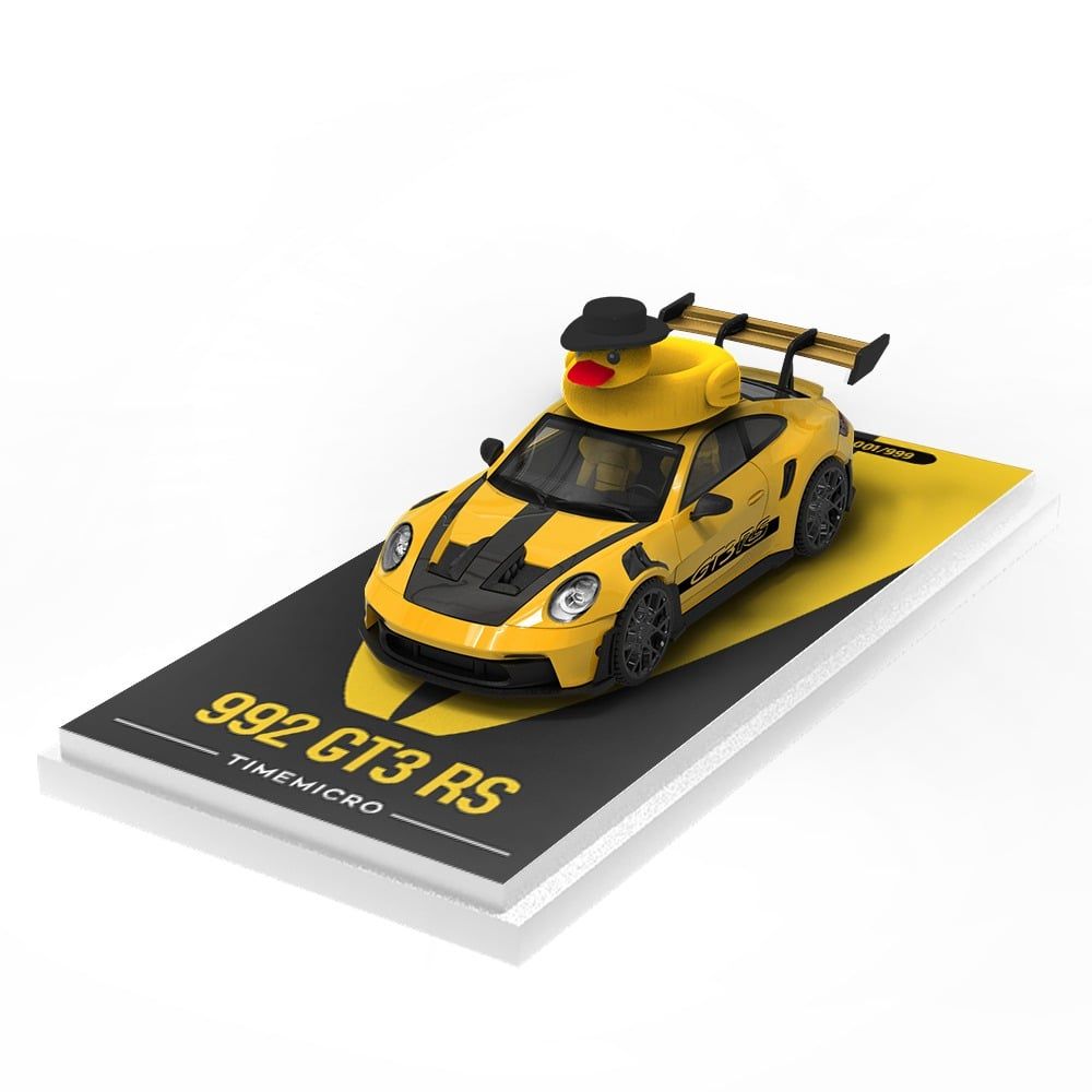 Mô hình xe Porsche 992 GT3 RS yellow paint có phụ kiện đi kèm trên nóc tỉ lệ 1:64 Time micro TM644633