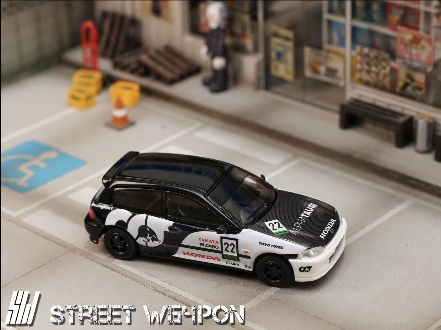 Mô hình xe Honda Civic EG6 Redbull Alpha Tauri #22 - Stussy #8 black limited edition 499pcs tỉ lệ 1:64 Street Weapon OT64120