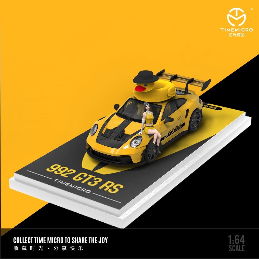 Mô hình xe Porsche 992 GT3 RS yellow paint có phụ kiện đi kèm trên nóc tỉ lệ 1:64 Time micro TM644633