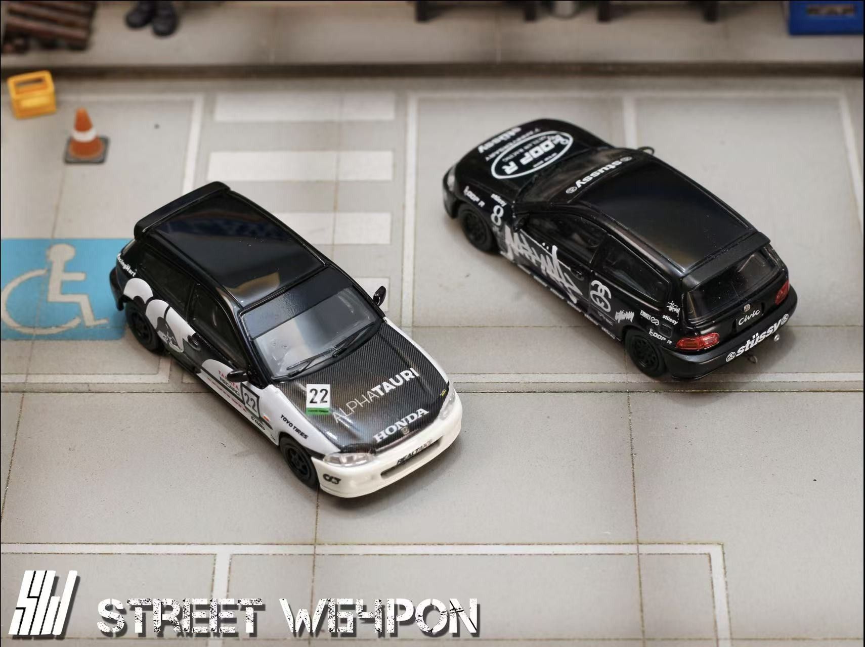 Mô hình xe Honda Civic EG6 Redbull Alpha Tauri #22 - Stussy #8 black limited edition 499pcs tỉ lệ 1:64 Street Weapon OT64120