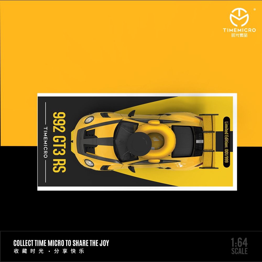 Mô hình xe Porsche 992 GT3 RS yellow paint có phụ kiện đi kèm trên nóc tỉ lệ 1:64 Time micro TM644633