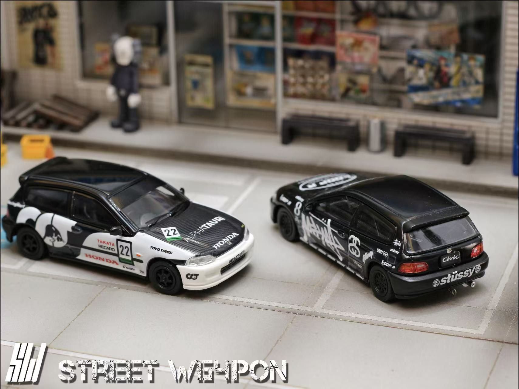 Mô hình xe Honda Civic EG6 Redbull Alpha Tauri #22 - Stussy #8 black limited edition 499pcs tỉ lệ 1:64 Street Weapon OT64120