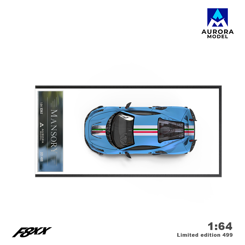 Mô hình xe Ferrari F8 Tributo Mansory F8XX Baby Blue tỉ lệ 1:64 Aurora Model AM646509