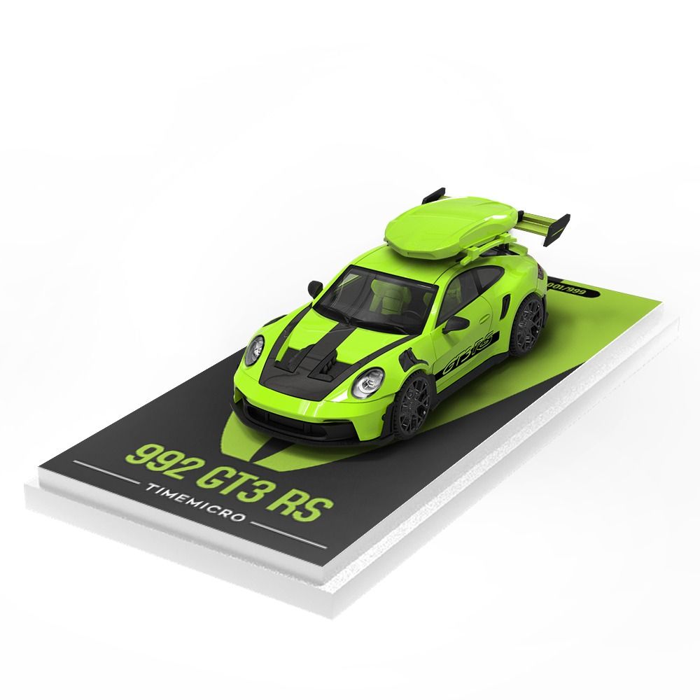 Mô hình xe Porsche 992 GT3 RS green paint có phụ kiện đi kèm trên nóc tỉ lệ 1:64 Time micro TM644632