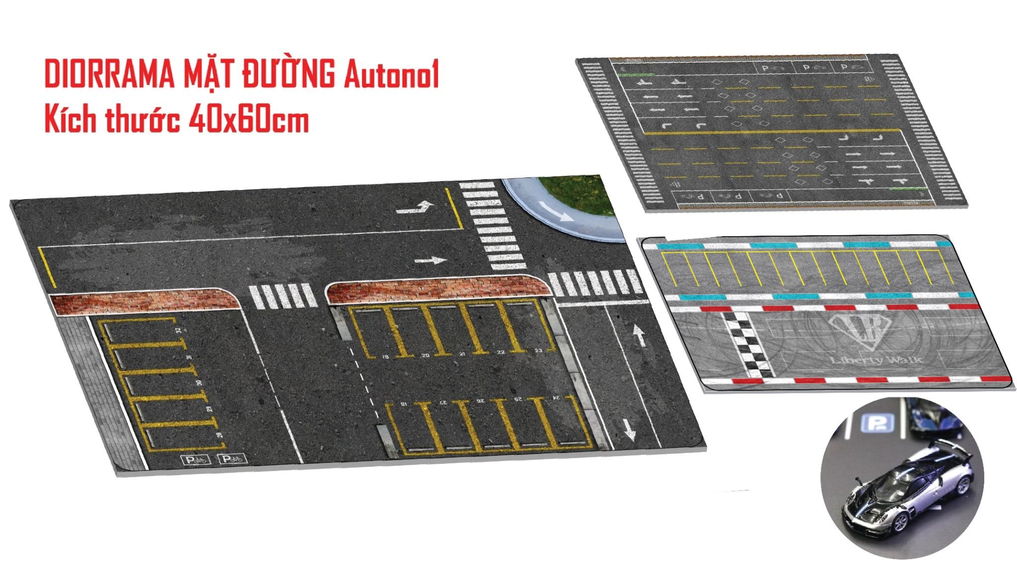  Diorama mặt đường cao tốc 4 lane - bãi đậu xe ô tô kích thước 40x60cm dành cho xe mô hình 1:64 Autono1 DR033 