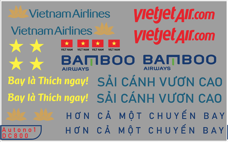Decal nước mô hình máy bay Vietnam airline-Vietjet-Bamboo-Việt Nam dán mọi nền màu Autono1 DC800