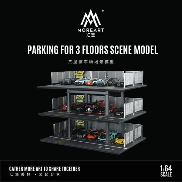 Hộp trưng bày mô phỏng bãi đỗ xe 3 tầng có hàng rào chứa 15 xe kích thước 30x20x18cm tỉ lệ 1:64 MoreArt MO921001