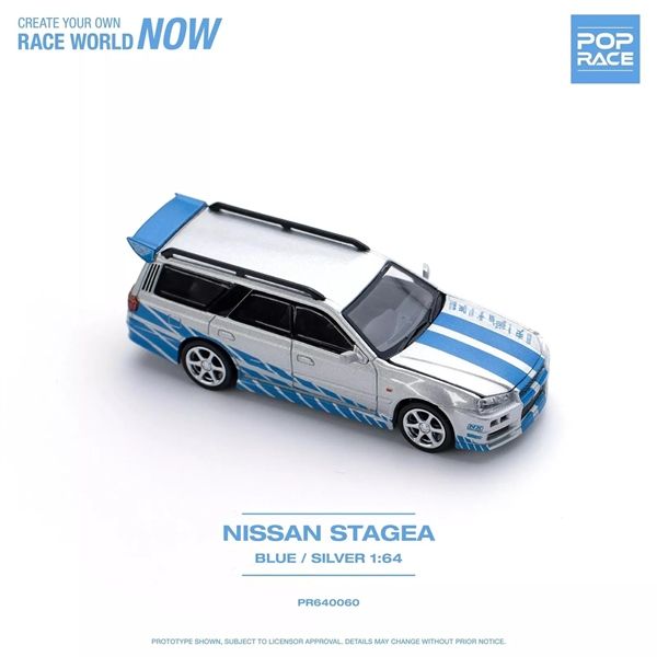 Mô hình xe Nissan Skyline GTR R34 Stagea Blue/silver mở capo tỉ lệ 1:64 Poprace PR640060