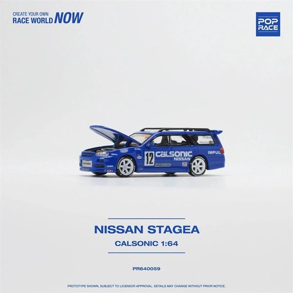 Mô hình xe Nissan Skyline GTR R34 Stagea Race Calsonic blue mở capo tỉ lệ 1:64 Poprace PR640059