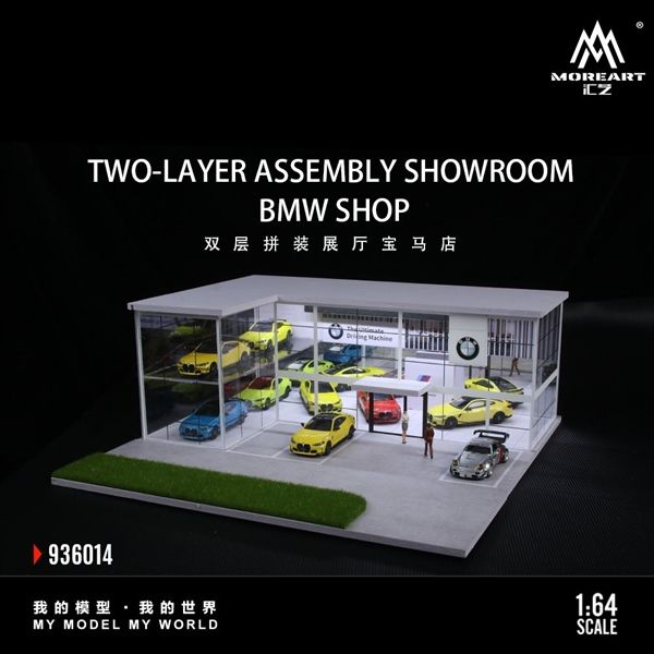 Hộp trưng bày mô phỏng showroom BMW the ultimate driving machine có đèn - bãi đỗ xe sân trước tỉ lệ 1:64 MoreArt MO936014