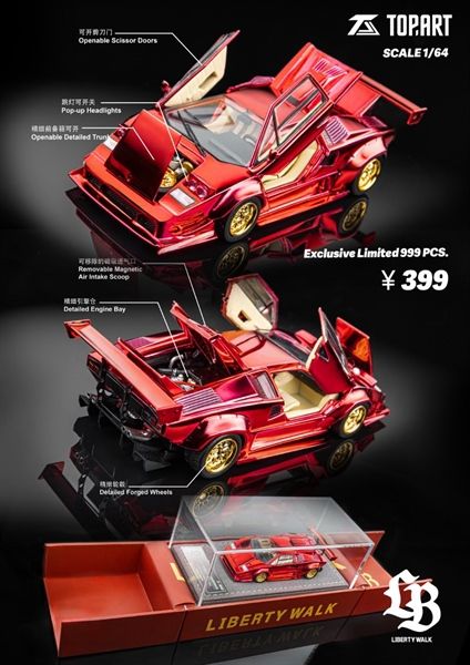 Mô hình xe Lamborghini Countach LBWK Chrome red Special Edition 2025 HEC Beijing limited 1000pcs full open tỉ lệ 1:64 Topart OT64288