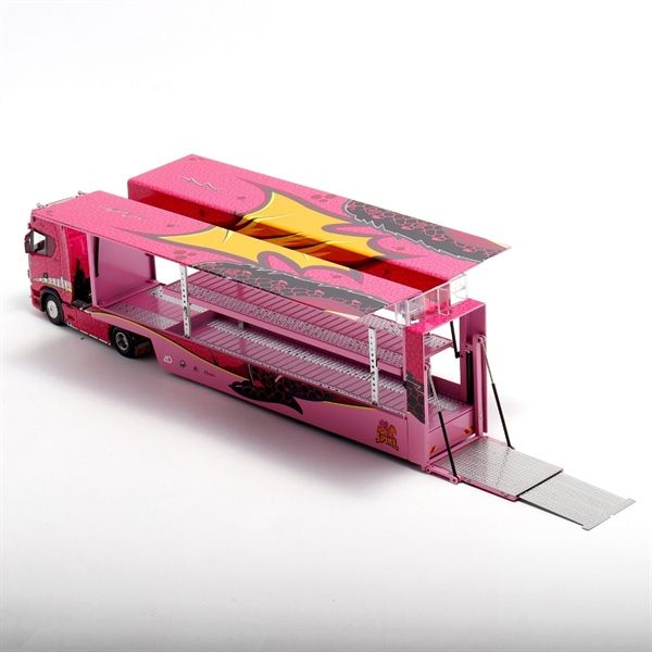 Mô hình xe Scania S730 V8 Double-Decker Closed Wing Transport Car Model Pink Roxy tỉ lệ 1:64 Maxwell OT64298
