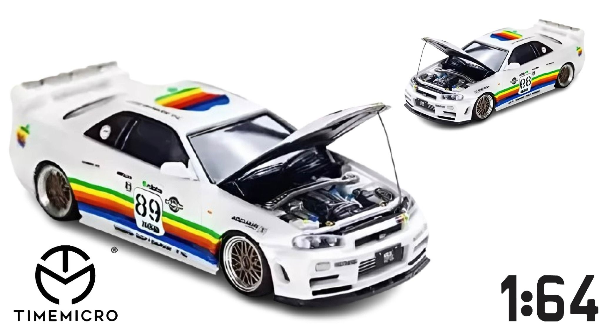 Mô hình xe Nissan Skyline GTR R34 White Apple #89 JDM mở được capo tỉ lệ 1:64 Time micro TM643433